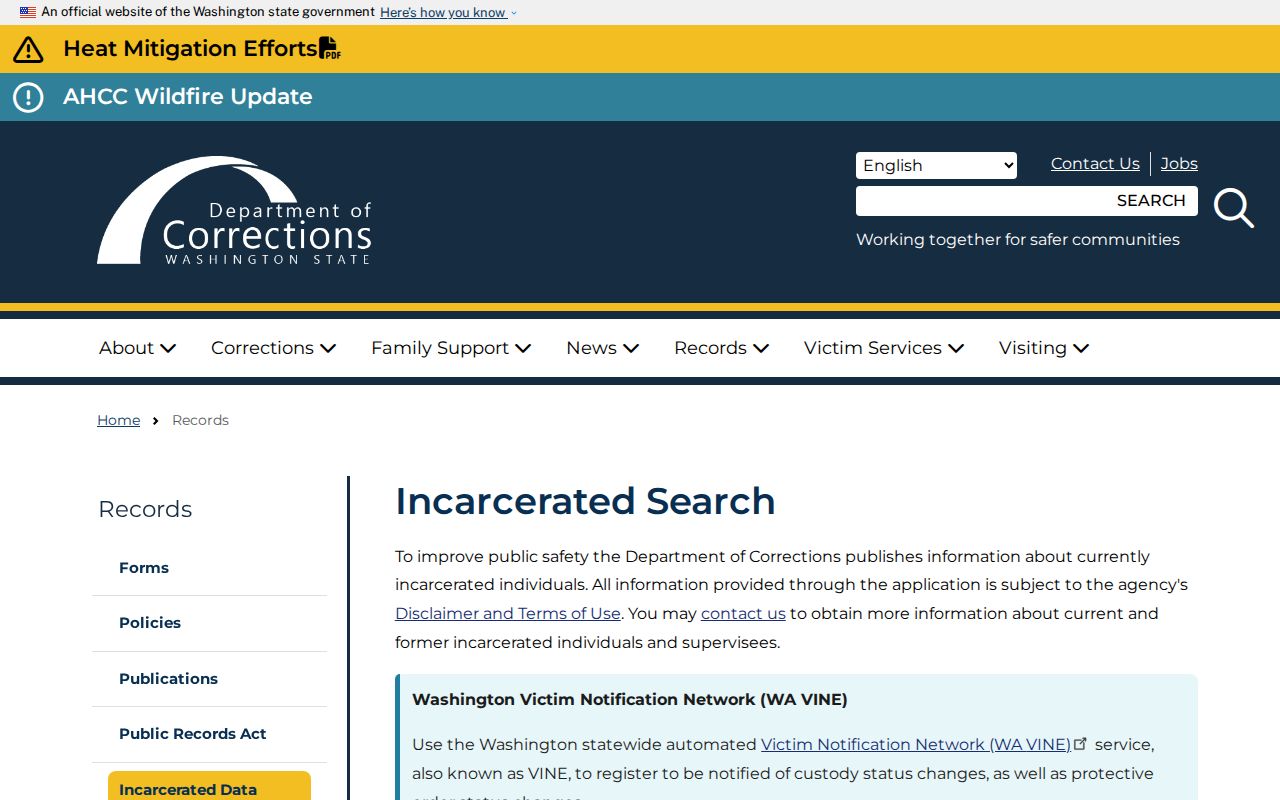 Washington DOC Incarcerated Search for state custody after a Benton County case